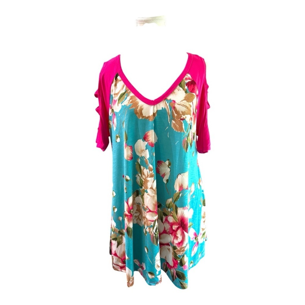 Celeste Floral Print & Hot Pink Cut-Out Sleeve Top | Size Large